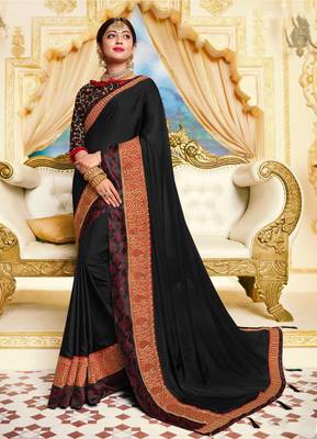 Black embroidered satin saree with blouse 1