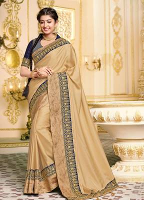 Beige embroidered satin saree with blouse 1