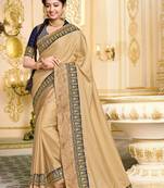Beige embroidered satin saree with blouse