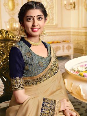 Beige embroidered satin saree with blouse 2