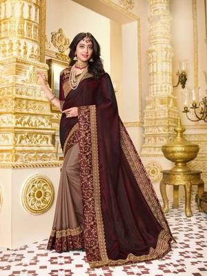 Maroon embroidered satin saree with blouse 1