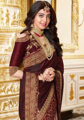 Maroon embroidered satin saree with blouse 2