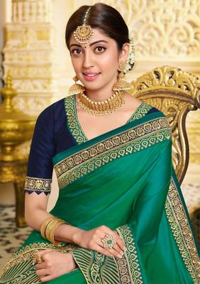 Green embroidered satin saree with blouse 2