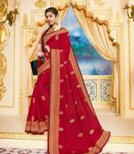Red embroidered satin saree with blouse