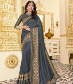 Grey embroidered satin saree with blouse
