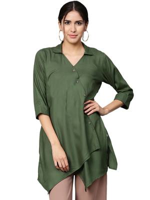 Shree Women Bottle Green Rayon Solid Tunic 1