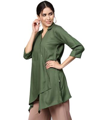 Shree Women Bottle Green Rayon Solid Tunic 3