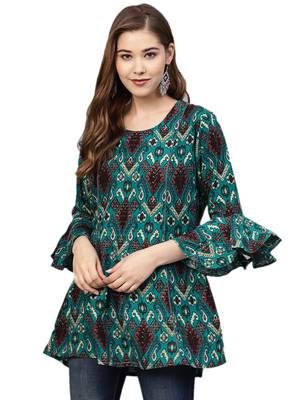 Shree Women Teal Rayon Ikat Tunic 1
