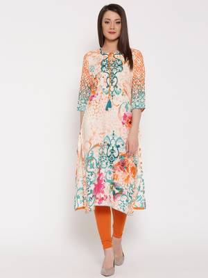 Shree Women Orange & Teal Rayon Embellished Kurta 1
