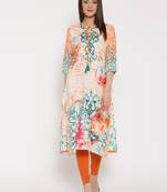 Shree Women Orange & Teal Rayon Embellished Kurta