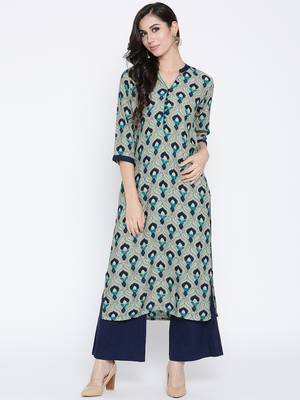 Shree Women Gray & Blue Rayon Printed Kurta 1