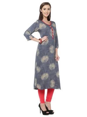 Shree Women Grey Rayon Blockprinted Kurta 4