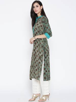 Shree Women Olive Rayon Floral Printed Kurta 3