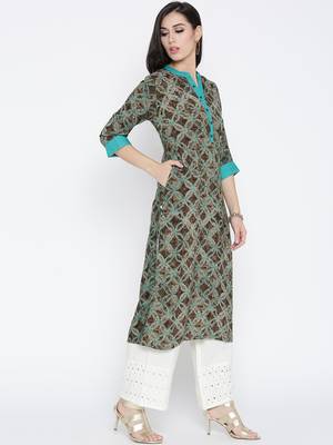 Shree Women Olive Rayon Floral Printed Kurta 4