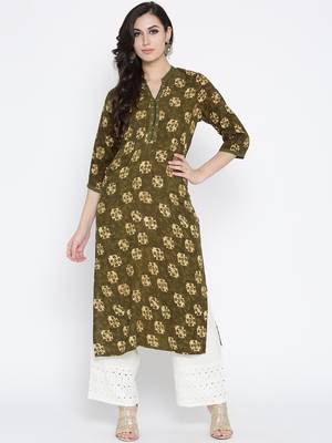 Shree Women Olive Rayon Floral Printed Kurta 1
