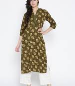 Shree Women Olive Rayon Floral Printed Kurta