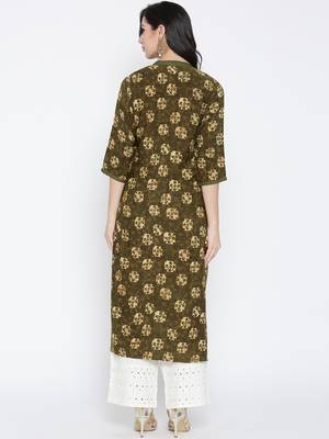 Shree Women Olive Rayon Floral Printed Kurta 2
