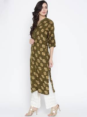Shree Women Olive Rayon Floral Printed Kurta 3