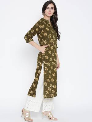 Shree Women Olive Rayon Floral Printed Kurta 4
