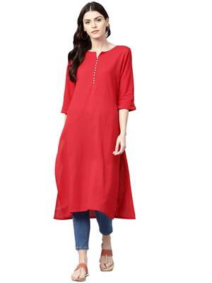Shree Women Red Cotton Linen Solid Kurta 1