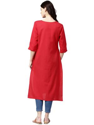 Shree Women Red Cotton Linen Solid Kurta 2