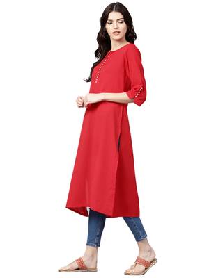 Shree Women Red Cotton Linen Solid Kurta 3