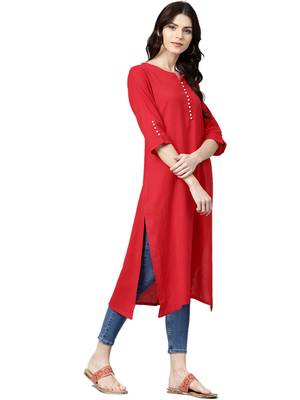 Shree Women Red Cotton Linen Solid Kurta 4