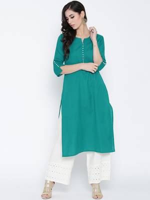 Shree Women Teal Cotton Solid Kurta 1