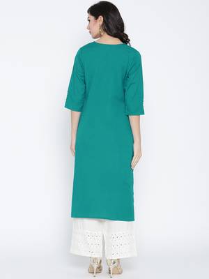 Shree Women Teal Cotton Solid Kurta 2