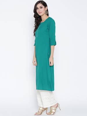 Shree Women Teal Cotton Solid Kurta 3