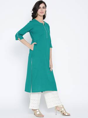 Shree Women Teal Cotton Solid Kurta 4