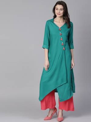 Shree Women Teal Rayon Solid Kurta 1