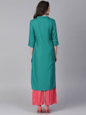 Shree Women Teal Rayon Solid Kurta 2