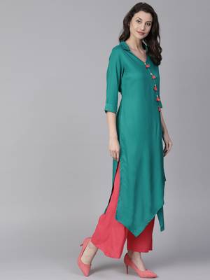 Shree Women Teal Rayon Solid Kurta 3