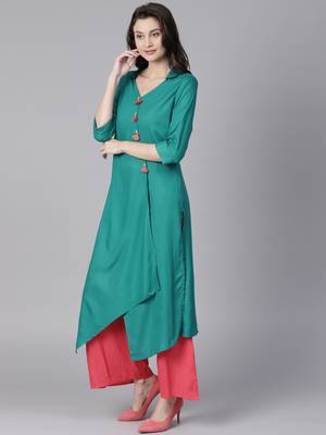 Shree Women Teal Rayon Solid Kurta 4