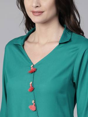 Shree Women Teal Rayon Solid Kurta 5