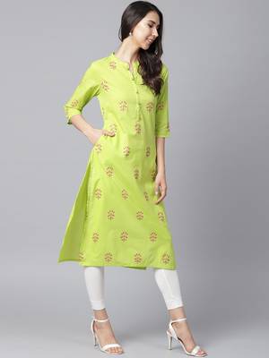 Shree Women Bright Green Cotton Printed Kurta 4