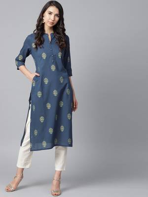 Shree Women Navy Cotton Printed Kurta 4