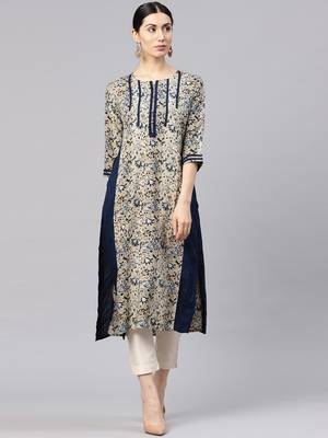 Shree Women Beige & Blue Rayon Printed Kurta 1