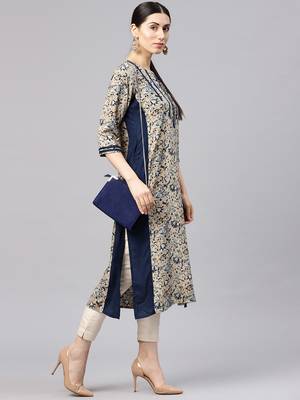 Shree Women Beige & Blue Rayon Printed Kurta 3