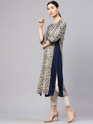 Shree Women Beige & Blue Rayon Printed Kurta 4