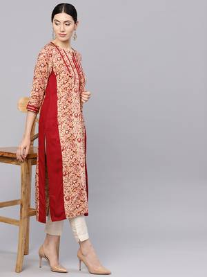 Shree Women Beige & Maroon Rayon Printed Kurta 1