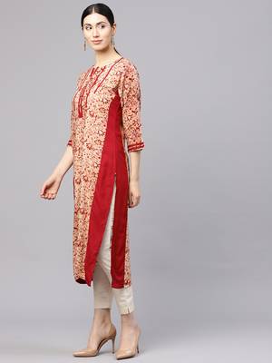 Shree Women Beige & Maroon Rayon Printed Kurta 3