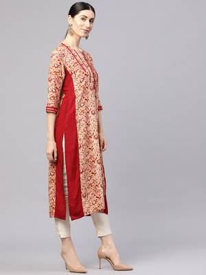 Shree Women Beige & Maroon Rayon Printed Kurta 4