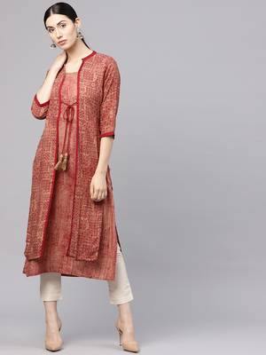 Shree Women Beige & Maroon Rayon Printed Kurta 1