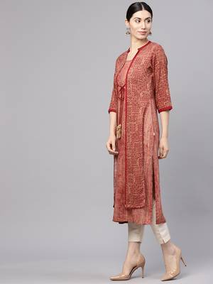 Shree Women Beige & Maroon Rayon Printed Kurta 3