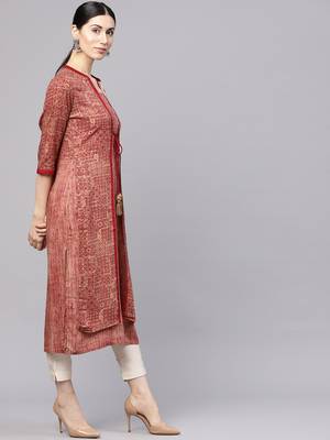 Shree Women Beige & Maroon Rayon Printed Kurta 4