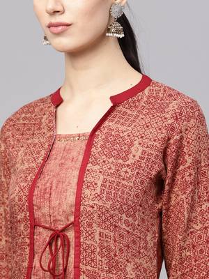 Shree Women Beige & Maroon Rayon Printed Kurta 5