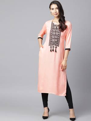 Shree Women Peach Rayon Embroidered Kurta 1