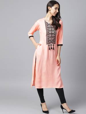 Shree Women Peach Rayon Embroidered Kurta 4